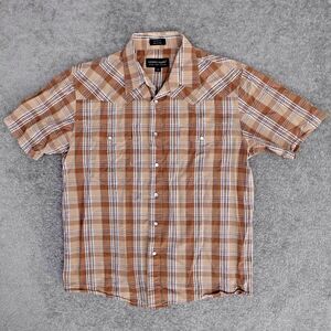 Luciano Baroni Shirt Men Large Brown Plaid Pearl Snap Short Sleeve Cotton Casual